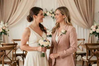 Témoin de mariage en tailleur et demoiselle d'honneur en robe côte à côte lors d'une cérémonie de mariage