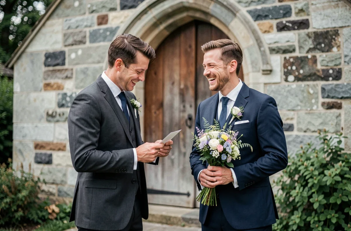 Témoin et garçon d'honneur en costume devant une chapelle en pierre le jour d'un mariage