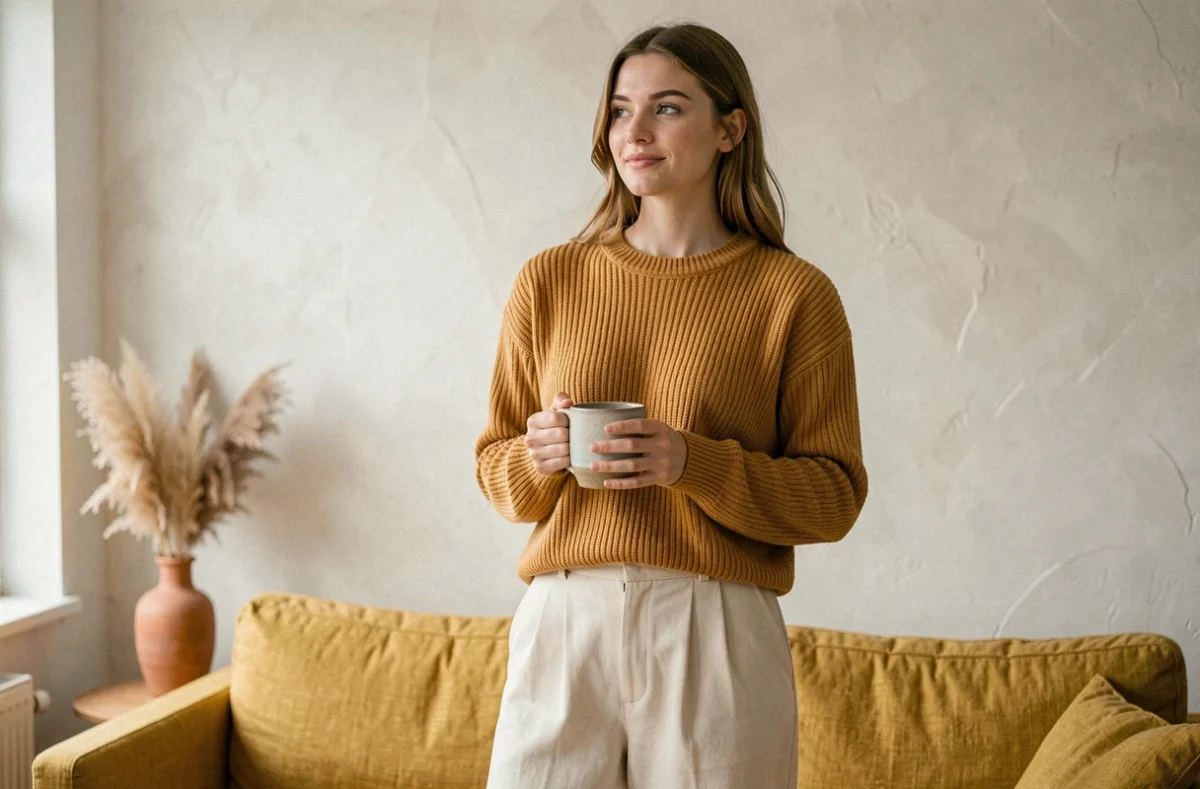 Femme portant un pull couleur miel dans un salon scandinave avec accessoires en ivoire et terracotta