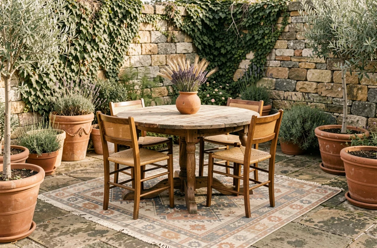 Terrasse extérieure rustique bohème avec table en bois récupéré, chaises dépareillées, tapis géométrique et mur en pierres sèches couvert de lierre