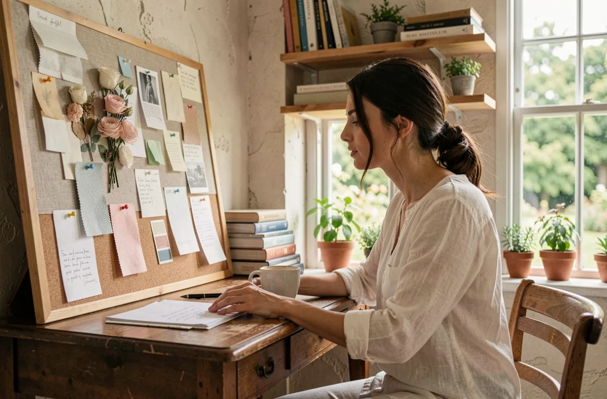 Future mariée en train de préparer le thème de son mariage avec un tableau d'inspiration