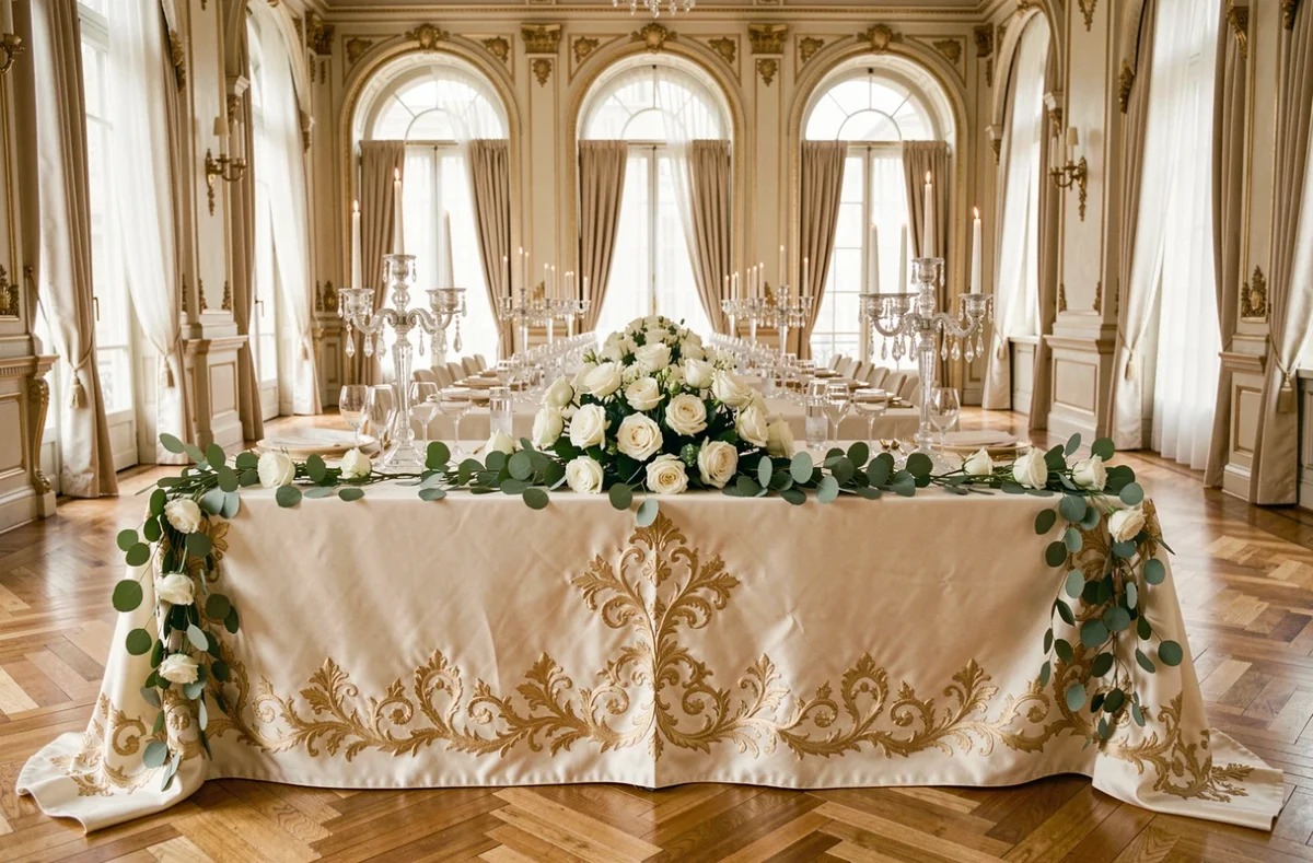 Décoration de table de mariage élégante et luxueuse dans un grand salon haussmannien