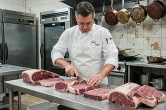 Traiteur professionnel préparant de grandes quantités de viande crue pour un événement de 50 personnes dans une cuisine commerciale