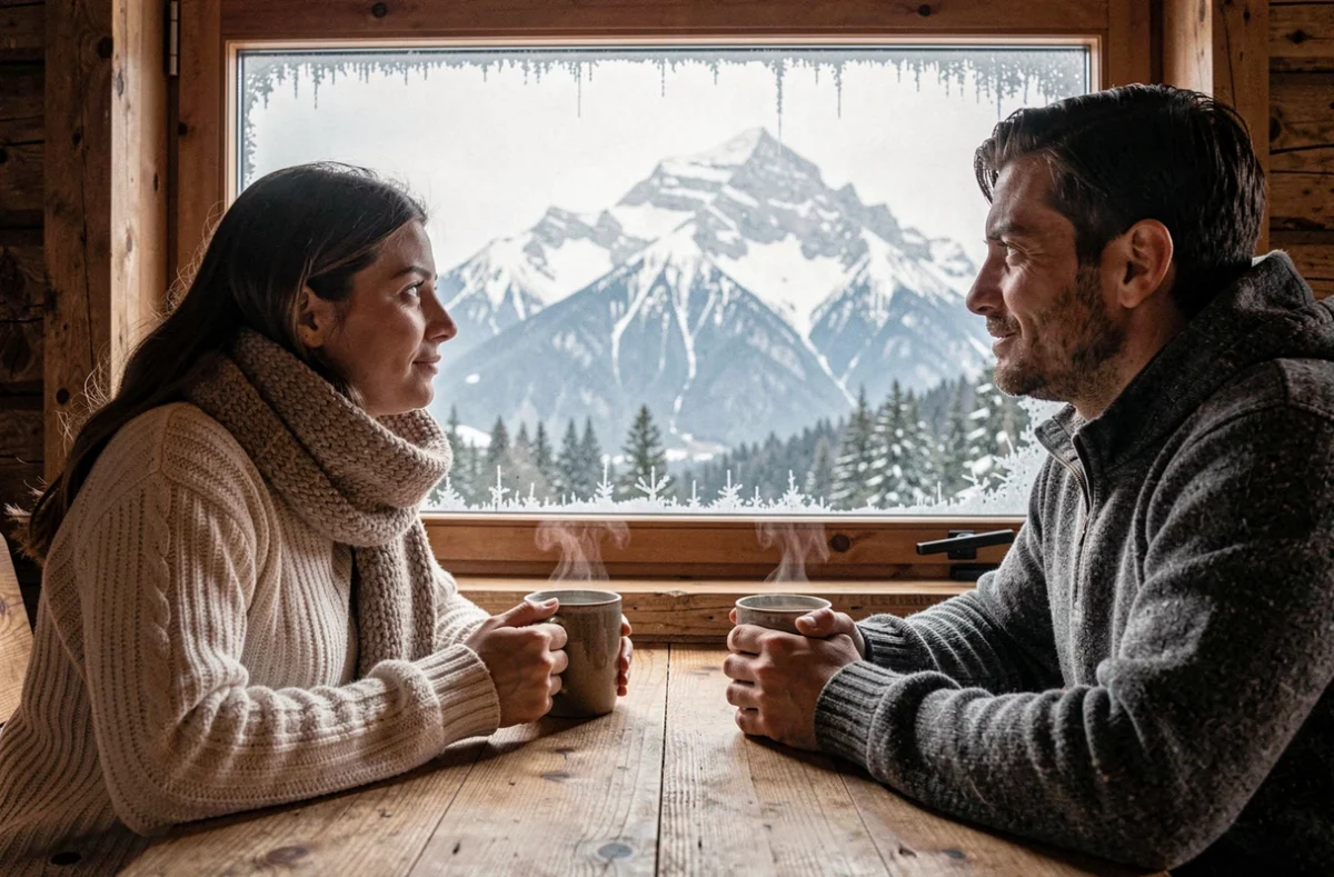 Couple de mariés savourant un moment chaleureux dans un chalet alpin pendant leur voyage de noces en hiver