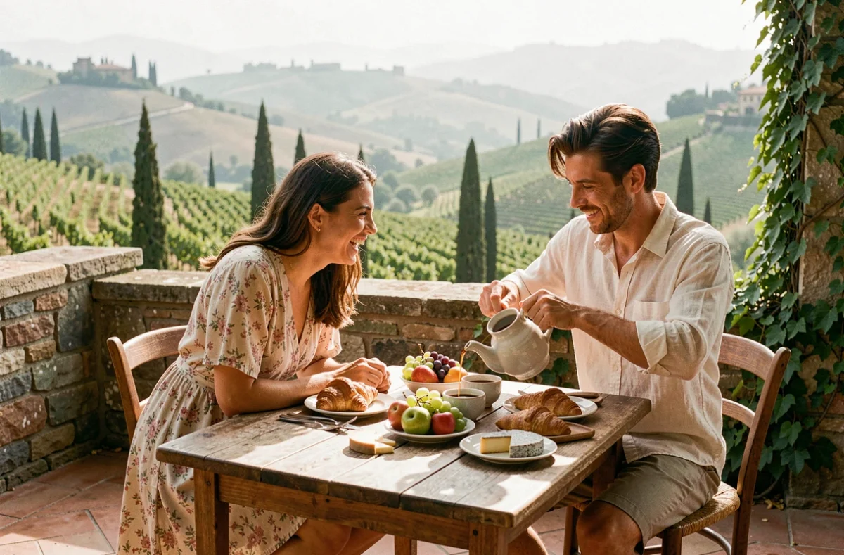 Couple en voyage de noces savourant un petit-déjeuner romantique sur une terrasse en Toscane avec vue sur les vignes