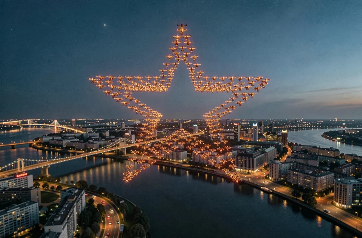 Vue aérienne d'un spectacle de drones formant une étoile lumineuse au-dessus d'un paysage urbain nocturne avec reflets sur la rivière